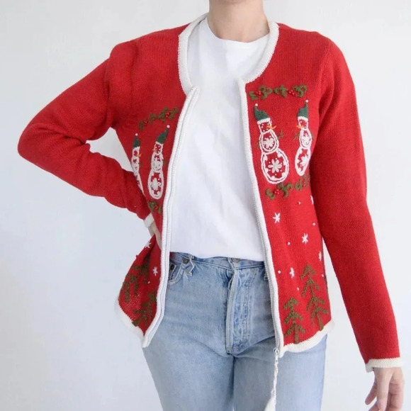 Red Ugly Christmas  Sweater Zip Up Knit Festive Snowman Holiday Cardigan S - Picture 1 of 11
